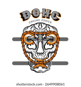illustration of skull with gear and camshaft chain 