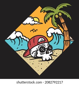 illustration of a skull with glasses and a hat on the beach