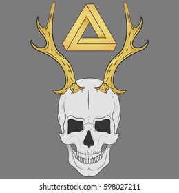 Illustration of a skull with gold horns. Vector print skull with gold antlers