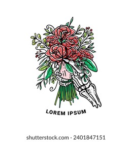 illustration of a skull hand carrying flowers. suitable for stickers, tattoos etc