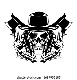 illustration of skull with hat and ax for tattoo design or shirt