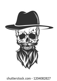 illustration of skull with hat beard and mustache