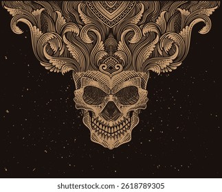 Illustration of skull head with engraving ornament hand drawn
