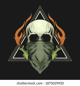 Illustration of skull head mask and Molotov cocktail bottle with fire vector design