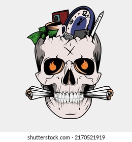illustration of a skull head with an object at the top and a roll of paper in its mouth