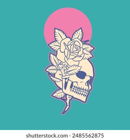 illustration of a skull head with roses