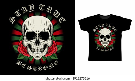 Illustration of skull head with roses detailed vector t-shirt design