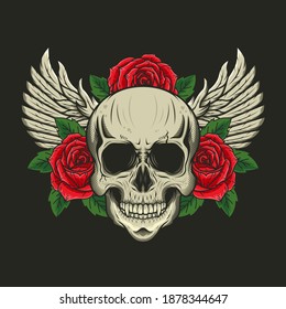 Illustration of skull head with roses and wings detailed vector design