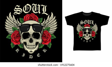 Illustration of skull head with roses and wings detailed vector t-shirt design