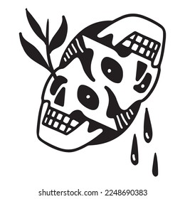 illustration of skull head twin with plant and tears. Tattoo flash hand drawn style. Vector graphic