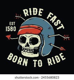 illustration of a skull head wearing a damaged motorbike helmet full of arrows, freehand illustration, 100% vector.