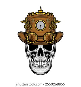 Ilustración de una cabeza de cráneo con un sombrero de estilo steampunk