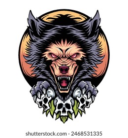 illustration of skull and head wolf 