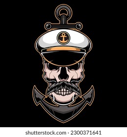 Illustration of a Skull Headed Captain Sailor with an Anchor