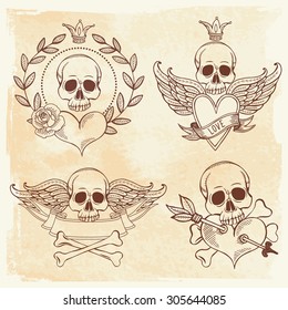 Illustration with skull and heart. Tattoo. Set