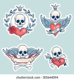 Illustration with skull and heart. Tattoo. Set