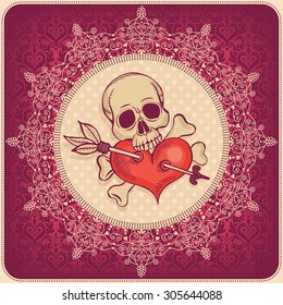 Illustration with skull and heart. Template greeting card or banner.