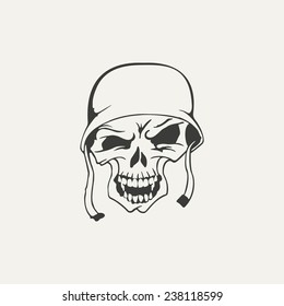illustration of skull in helmet. Black and white style