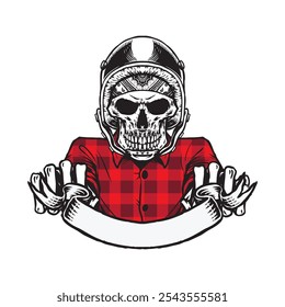 illustration of skull with helmet representing biker line art sketch artwork