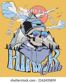 Illustration  of skull hiker, wearing cap, sunglass, on yellow back ground, showing the mountain range, sky and the sun and with bold topography.