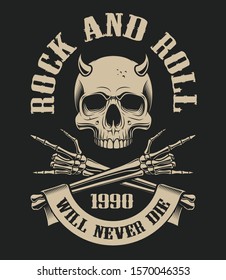 Illustration of a skull with horns and crossed arms on the theme of rock and roll on a dark background. Ideal for design t-shirts and many other