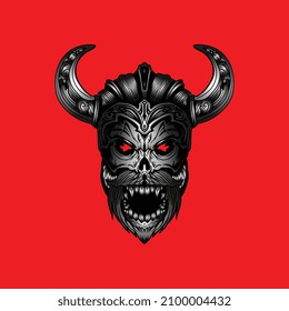 illustration of a skull with horns and a mustache, it can be used as a mascot, logo, icon, etc.