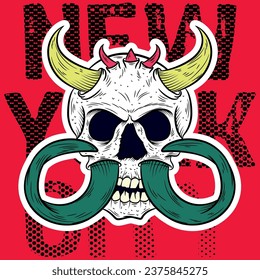 illustration of skull with horns and wings in biker style, colorful tattoo type texts and worn fashion, embroidery type patches.