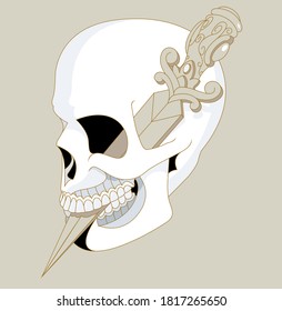 An illustration of a skull impaled by an ornate dagger. 