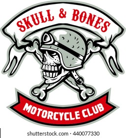 Illustration of a skull looking to the side wearing bike helmet with bones at the back and the words Skull & Bones Motorcycle Club inside ribbon set on isolated white background done in retro style. 