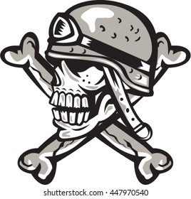 Illustration of a skull looking to the side wearing a military helmet viewed from the side with crossed bones at back set on isolated white background done in retro style. 