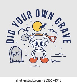 illustration skull mascot character carrying a shovel