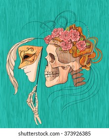 illustration with skull and mask on green texture