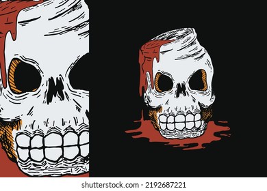 Illustration of skull with melted red strawberry jam on black background