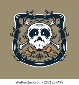 Illustration skull middle of frame with old ribbon on the bottom vector design 