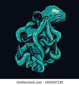 illustration skull octopus for poster and tshirt design