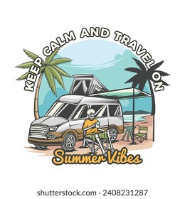 illustration of skull on beach with travel van vintage style