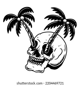 Ilustración del cráneo con palma. Tema de verano. Elemento de diseño para afiche, tarjeta, pancarta, emblema, signo. Ilustración del vector