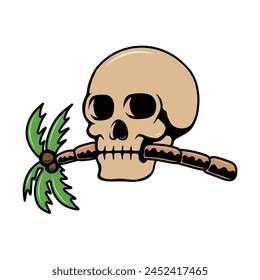 Illustration of skull with palm. Summer theme. Vector illustration