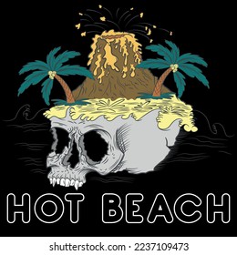 Illustration Skull with palms, and vulcan Fashion Beach spring summer Style.