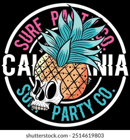 Illustration of a skull with a pineapple head in bright fluorescent colors, illustration in a surf beach style, trendy beach texts. Current gradients and patterns.