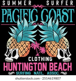 Illustration of a skull with a pineapple head in bright fluorescent colors, illustration in a surf beach style, trendy beach texts. Current gradients and patterns.