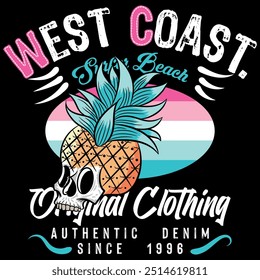 Illustration of a skull with a pineapple head in bright fluorescent colors, illustration in a surf beach style, trendy beach texts. Current gradients and patterns.