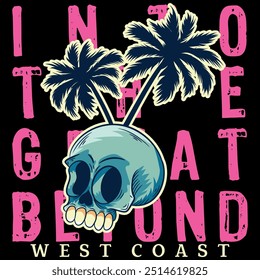Illustration of a skull with a pineapple head in bright fluorescent colors, illustration in a surf beach style, trendy beach texts. Current gradients and patterns.