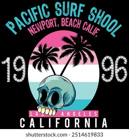 Illustration of a skull with a pineapple head in bright fluorescent colors, illustration in a surf beach style, trendy beach texts. Current gradients and patterns.