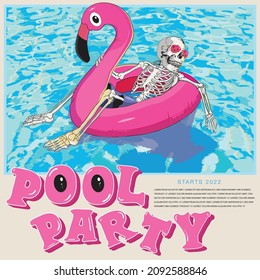 Illustration of skull, pink floating flamingo, relaxing skull, in a pool. enjoying relaxing, summer vibes.