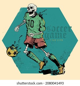 Illustration of a skull, playing football, soccer, wearing shoe, shirt on a colorful back ground.  