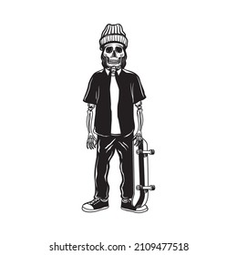 Illustration of a skull playing a skateboard. suitable for t-shirt designs, sweater designs, logo, goodie bags, stickers etc