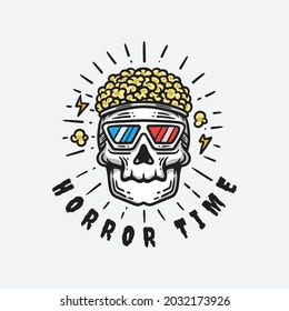 illustration of skull with popcorn hair wearing glasses