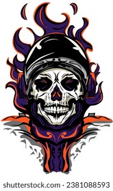 illustration of a skull with purple flames,