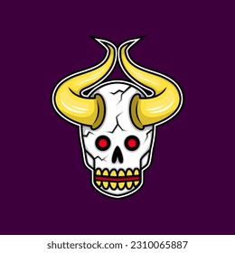 illustration of a skull with red eyes and yellow horns. spooky and scary. suitable for halloween, mascot and t shirt designs